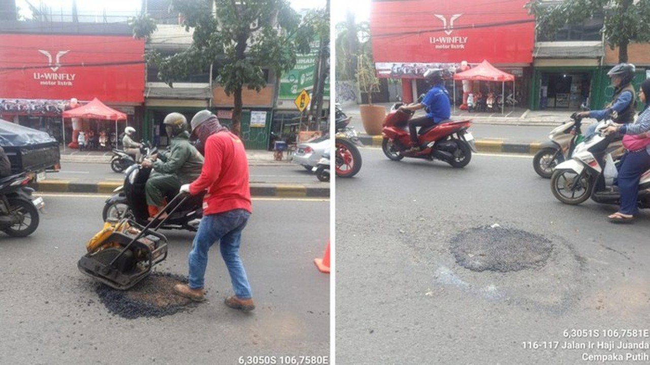 Seorang Pengemudi Sepeda Motor Mengalami Kecelakaan Dan Patah Tulang Kaki Akibat Jalan Berlubang Di Tangsel. Lubang Di Jalan Tersebut Sudah Ditambal. (dok. Istimewa)