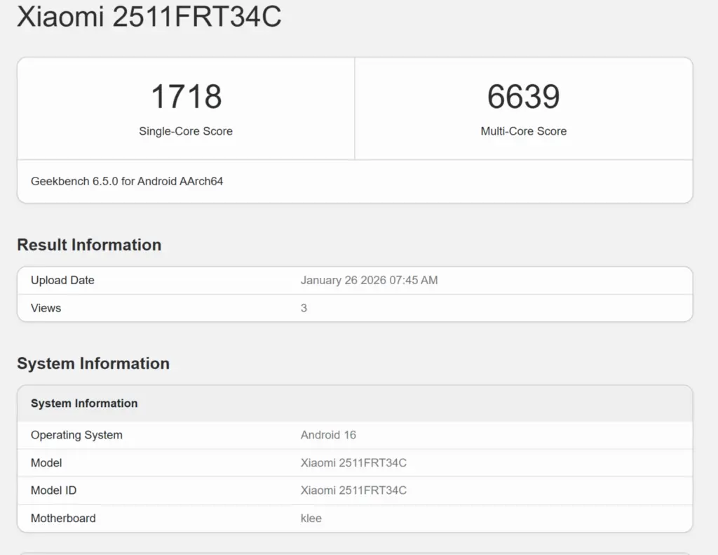 Data Geekbench Poco X8 Pro