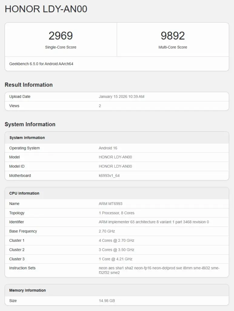 Honor Magic 8 Pro Di Geekbench
