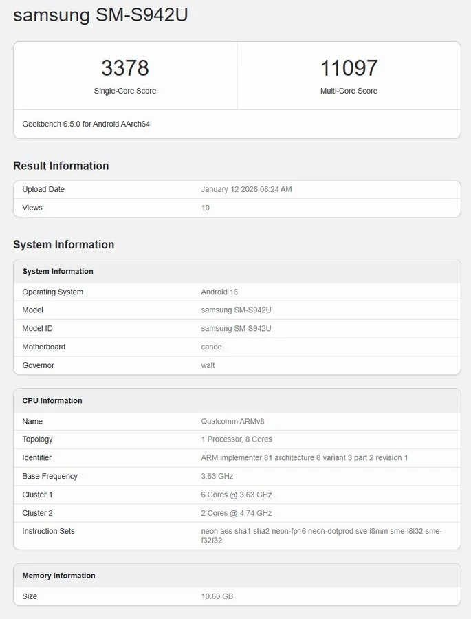 Listing Galaxy S26 Geekbench