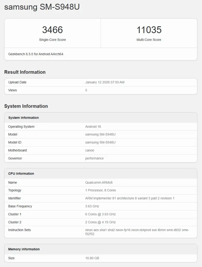 Listing Galaxy S26 Ultra Geekbench