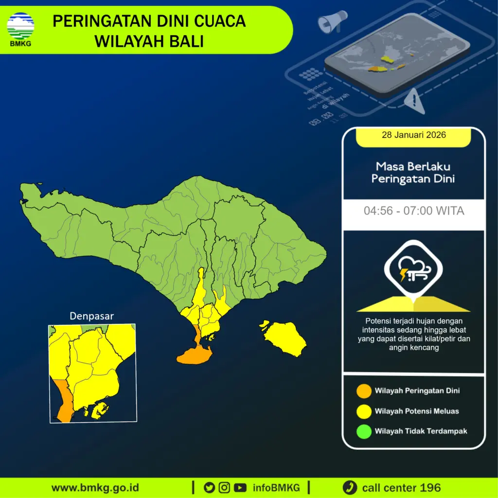 Peringatan Dini Cuaca Ekstrem Hujan Disertai Petir Di Bali 28 Januari