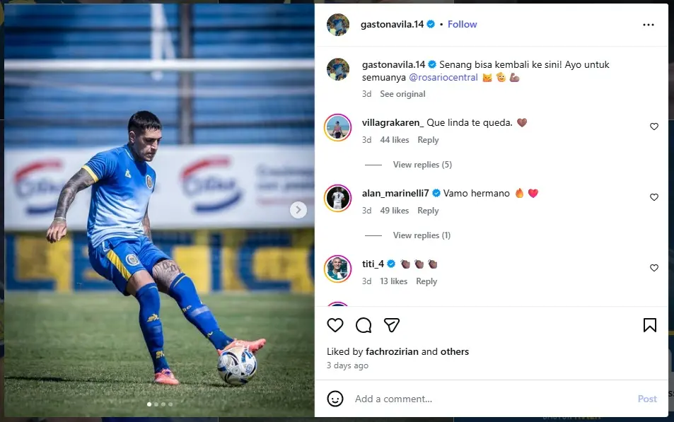 Postingan Instagram Gaston Avila Yang Kembali Ke Rosario Central