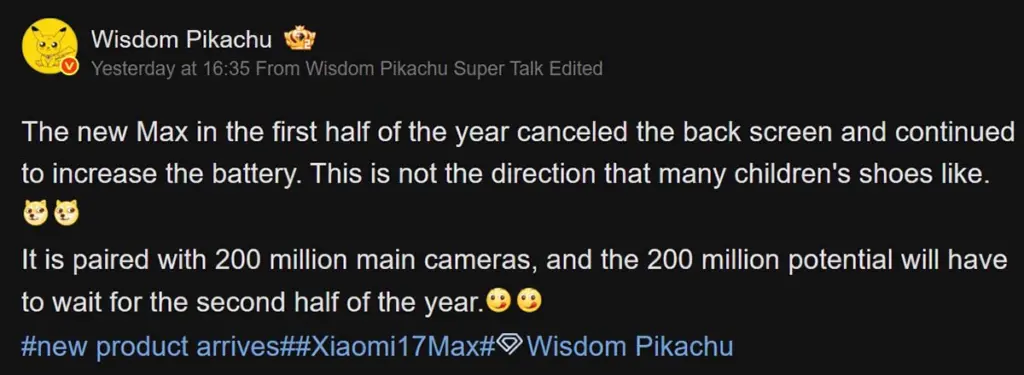 Bocoran Xiaomi17 Dari Smart Pikachu