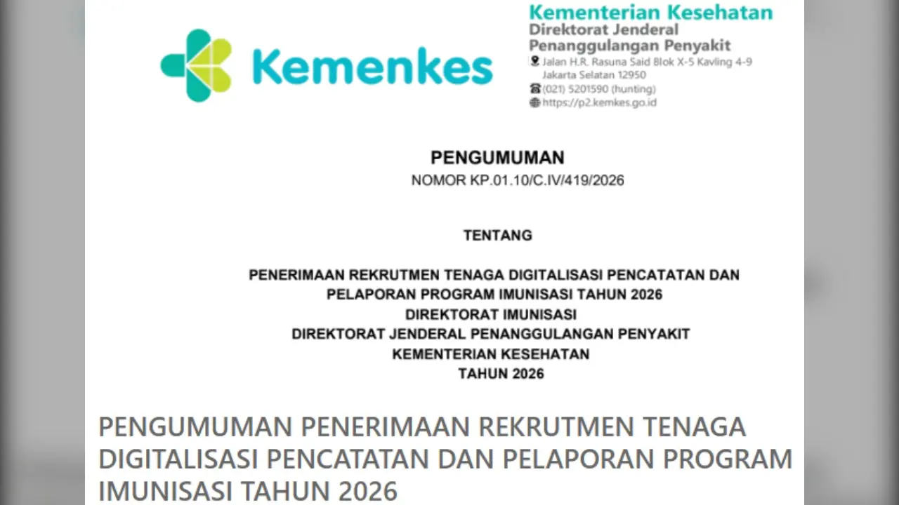 Kemenkes Buka Lowongan Kerja Tenaga Digitalisasi Imunisasi 2026