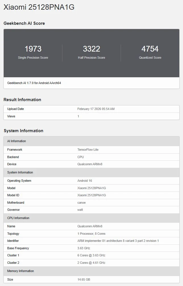 Xiaomi 17 Ultra Leica Edition Di Geekbench